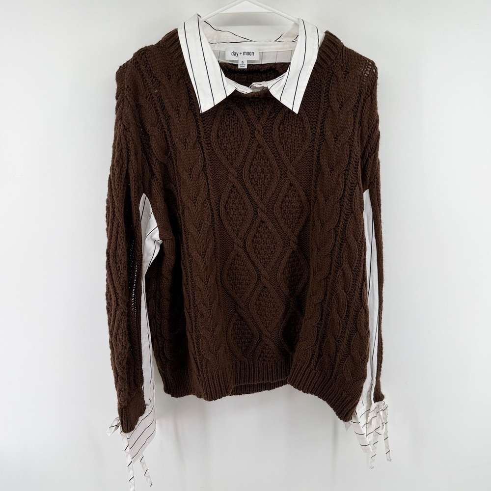 Cable Knit Layered Sweater White Pinstripe Shirt Day + Moon Brown Womens Small